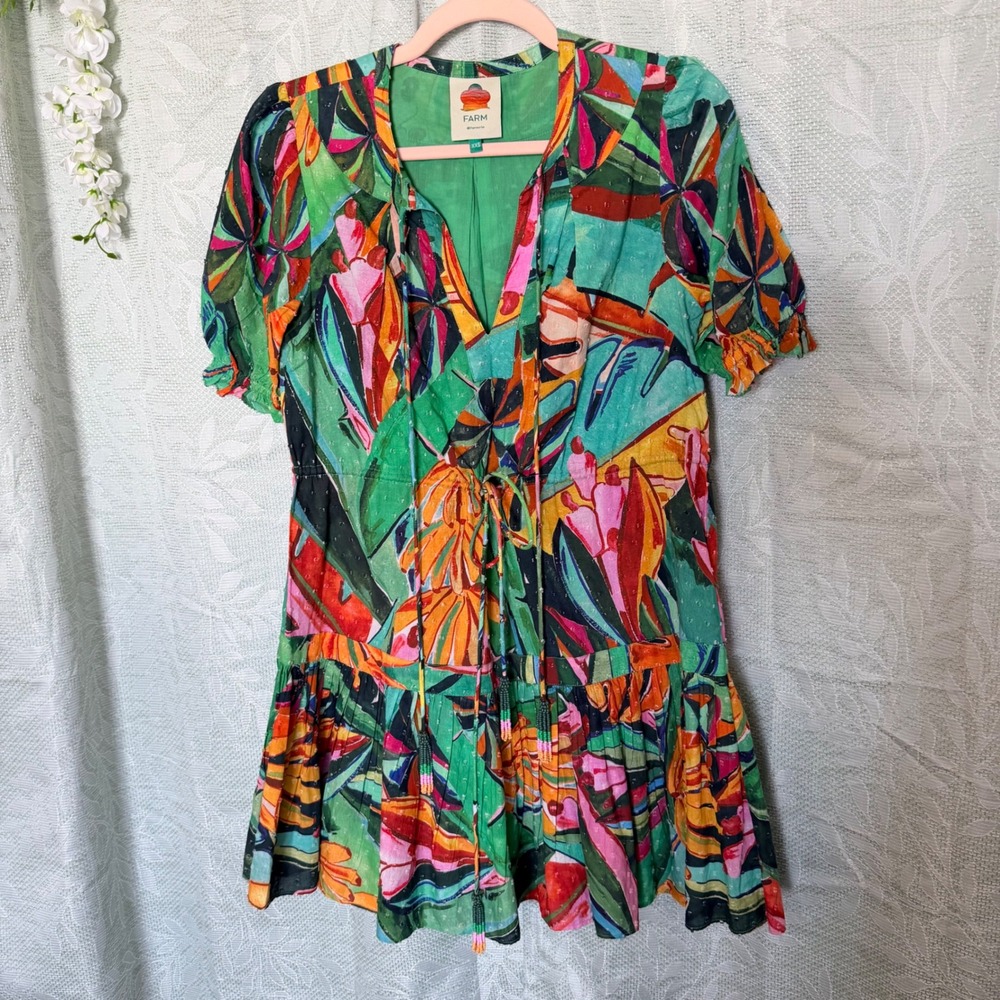 Farm Rio Green Tropical Botanical Dobby Mini Dress Short Puff Sleeve XXS